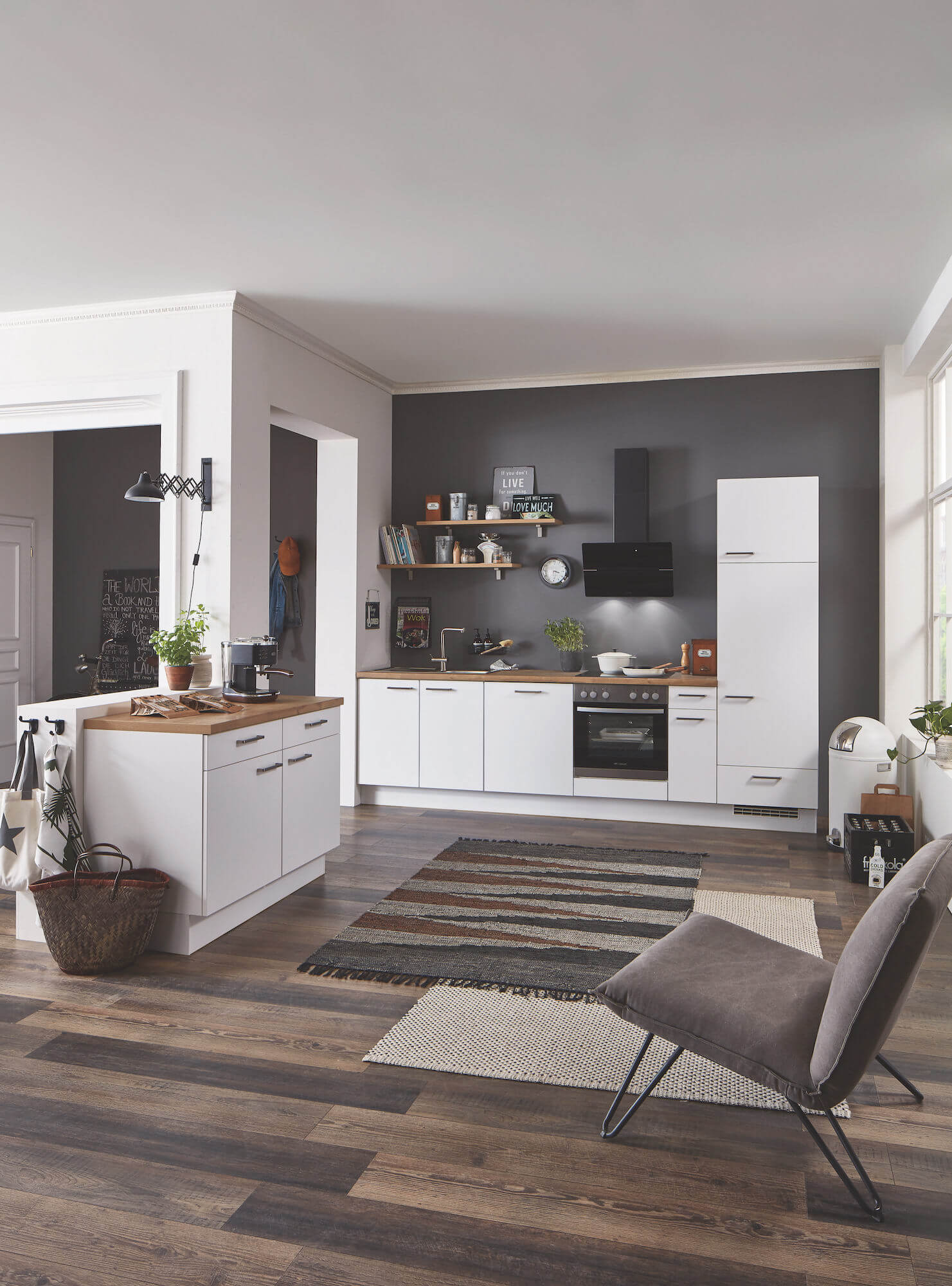 Nobilia Elements moderne Küchenzeile weiß braune Arbeitsplatte