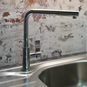 Nobilia U-Küche Edelstahl Küchenspüle und Edelstahl Armatur mit hohem Auslauf