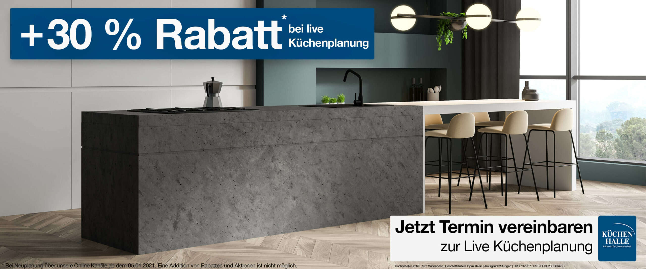 Küchenhalle 30 % Rabatt auf live Küchenplanung Banner