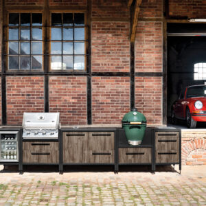 Burnout Küchenzeile Outdoor Küchen Dark Oak mit Big Green Egg Napoleon Grill und Kühlschrank